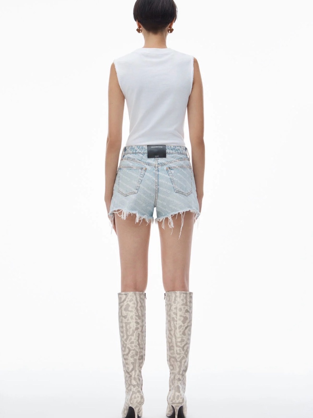 Alexander Wang Light Blue All-Over Logo Denim Cutoff Shorts - Picture 7 of 8
